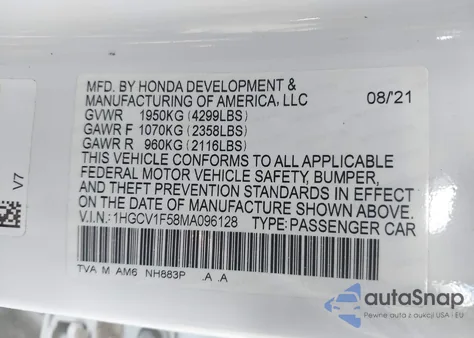 2021 Honda Accord Ex-L from USA, damaged, VIN 1HGCV1F58MA096128